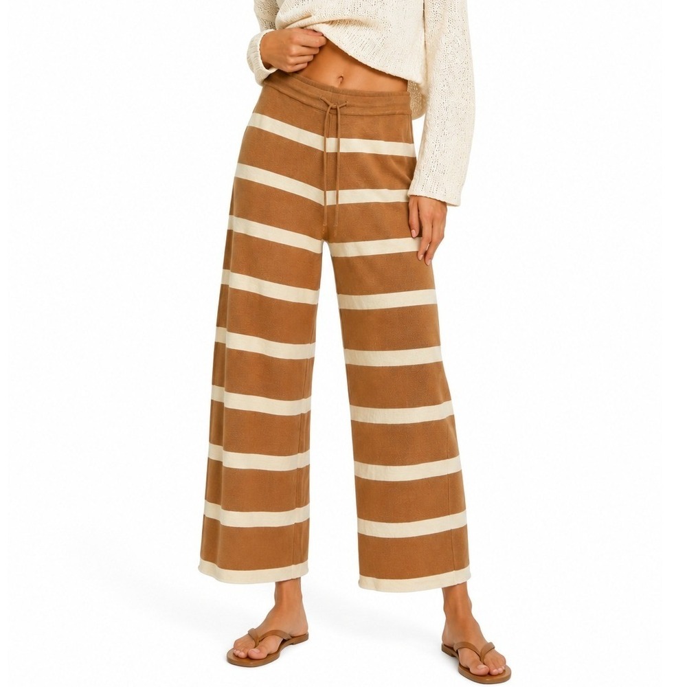 Skies Are Blue Tilly Wide Leg Pants Camel Stripe Knit Drawstring Trousers M NWT